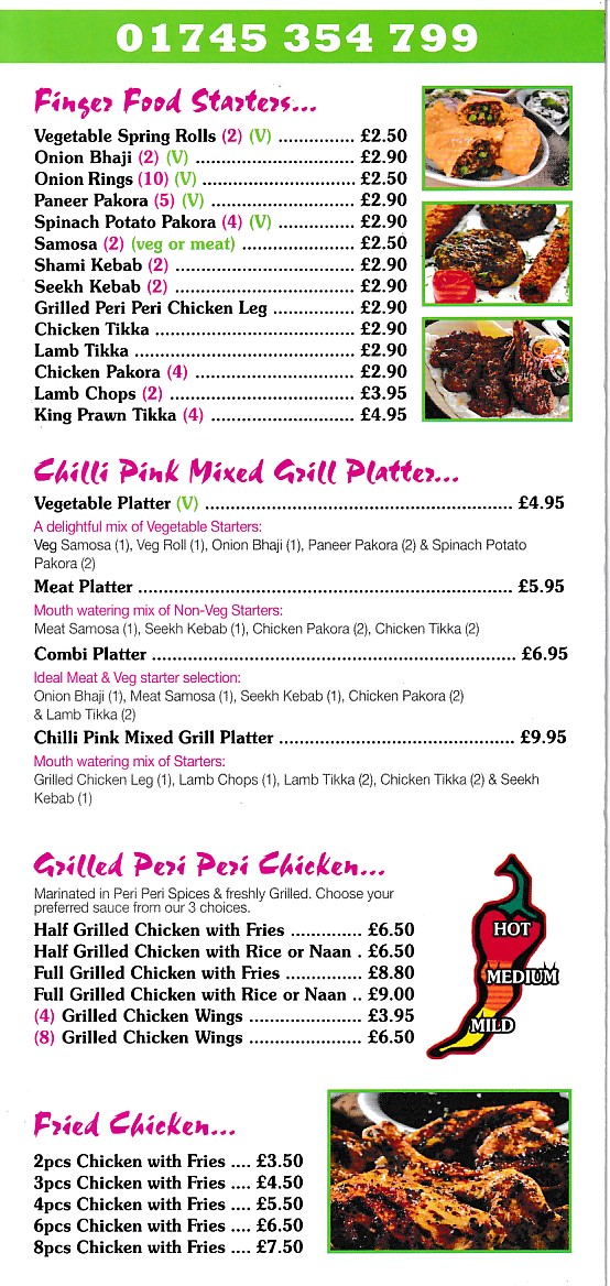 Menu of Chilli Pink Express Rhyl