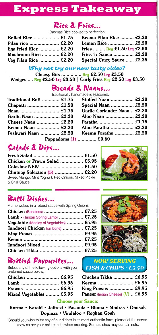 Menu of Chilli Pink Express Rhyl