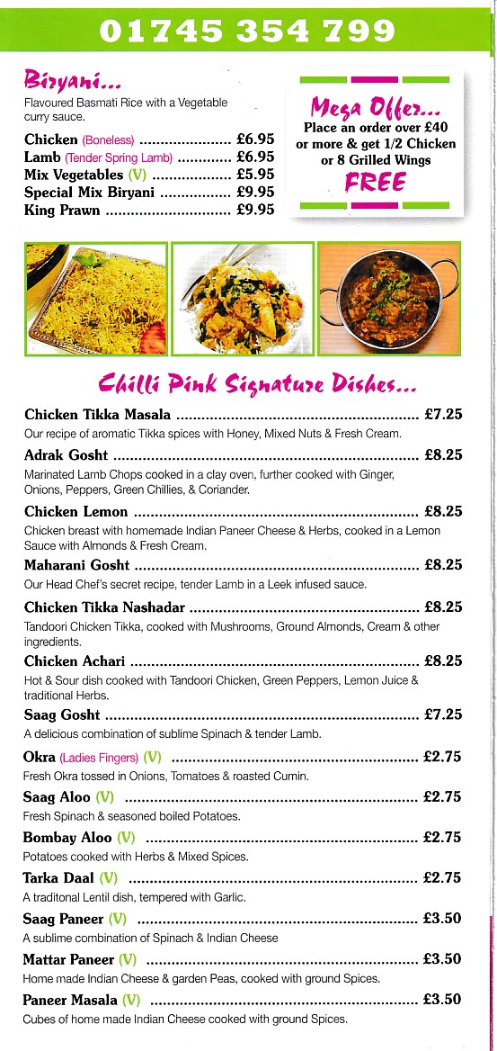 Menu of Chilli Pink Express Rhyl