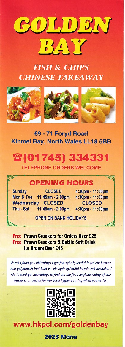 Menu of Golden Bay Chinese Rhyl