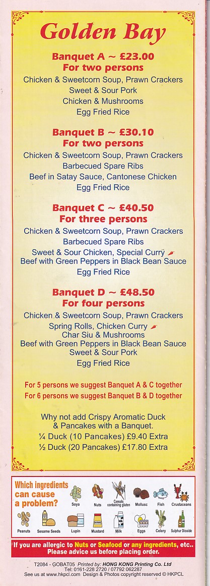 Menu of Golden Bay Chinese Rhyl