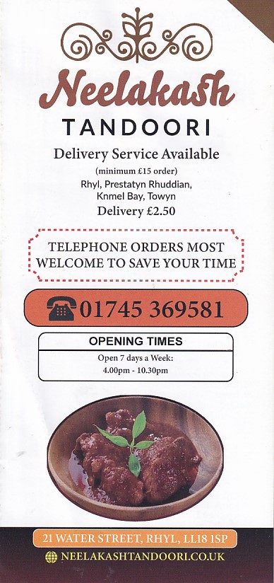 Menu of Neel Akash Tandoori Rhyl