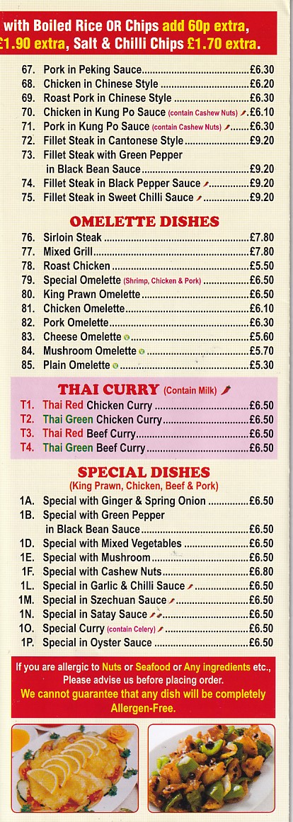 Menu of Ocean City, Chinese Rhyl