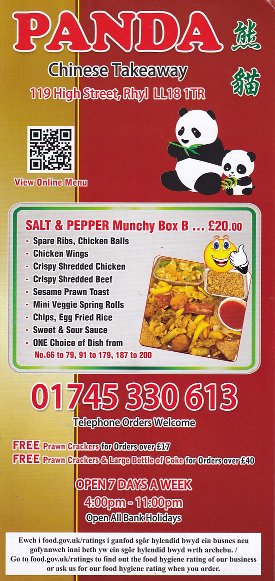 Menu of Panda Chinese Rhyl