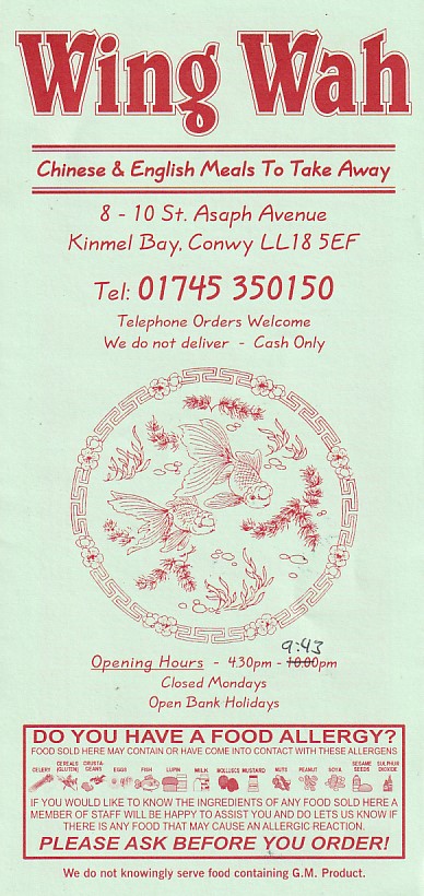 Wing Wah chinese menu in Kinmel Bay LL18