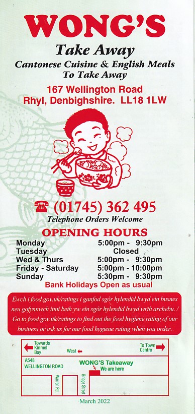 Menu of Wong's Rhyl Cantonese and English takeaway