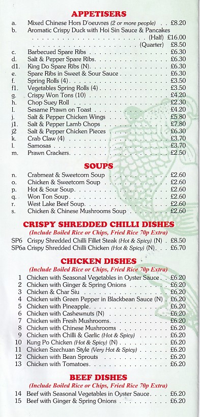 Menu of Wong's Rhyl Cantonese and English takeaway