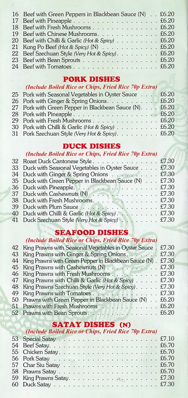 Menu of Wong's Rhyl Cantonese and English takeaway