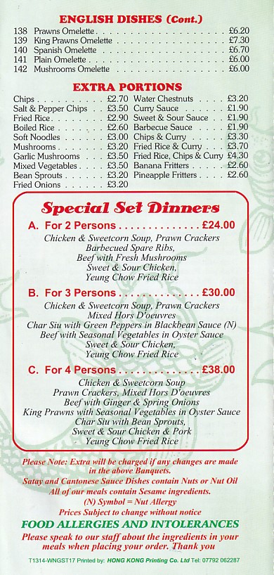 Menu of Wong's Rhyl Cantonese and English takeaway