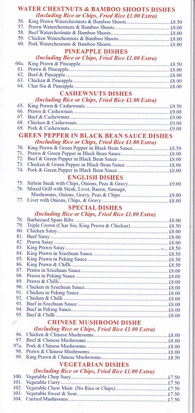 Menu of James Fish Bar Prestatyn