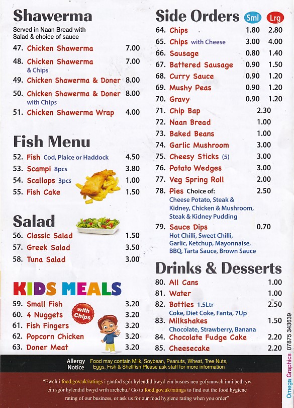 Menu of AJ Fish, Kebabs & Pizzas Rhyl