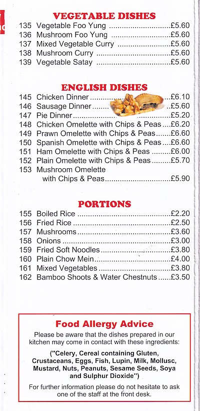 Menu of Great Wall Abergele