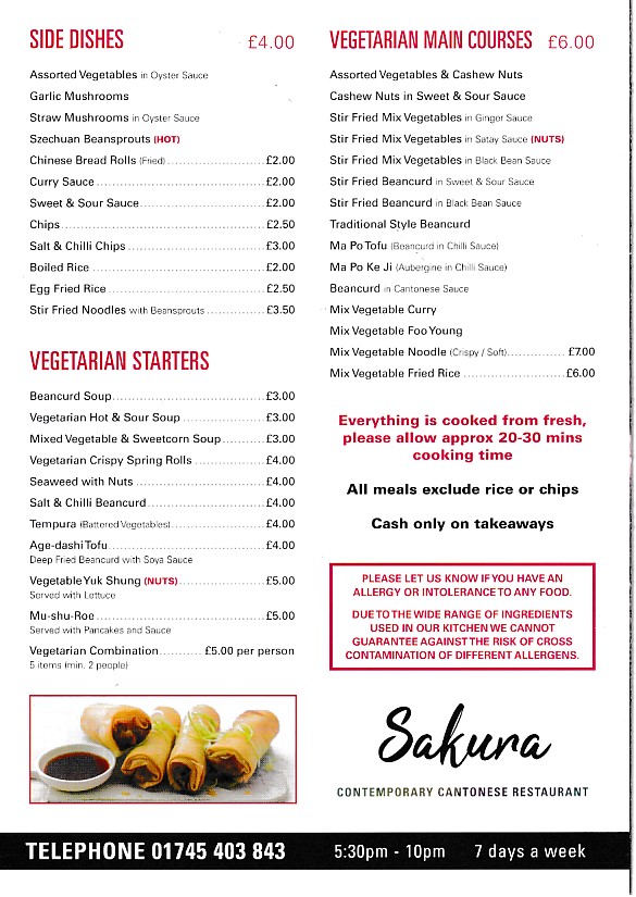 Menu of Sakura Cantonese Cuisine  Abergele