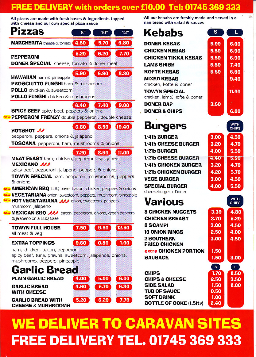 towyn pizza kebab menu