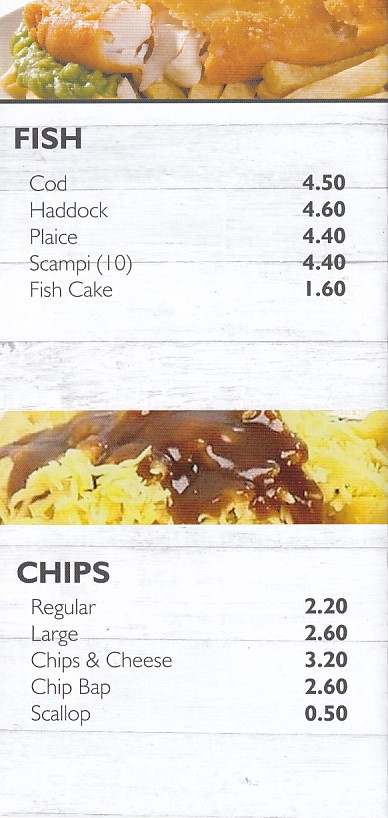 Menu of Trawlers Fish Chips Abergele