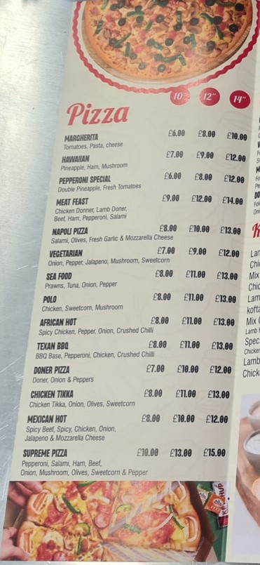 Menu of Colwyn Bay kebab takeaway in Colwyn Bay