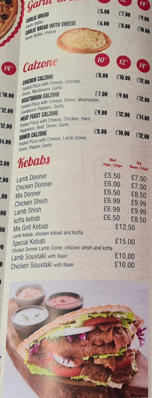 Menu of Colwyn Bay kebab  takeaway in Colwyn Bay