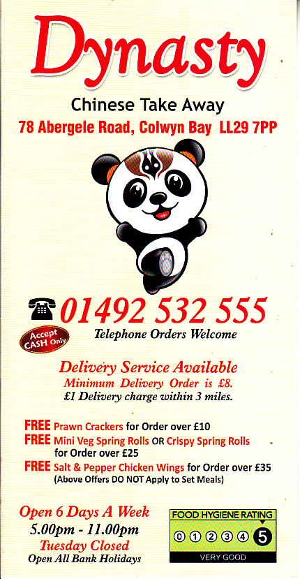 Dynasty Chinese menu in Colwyn Bay LL29