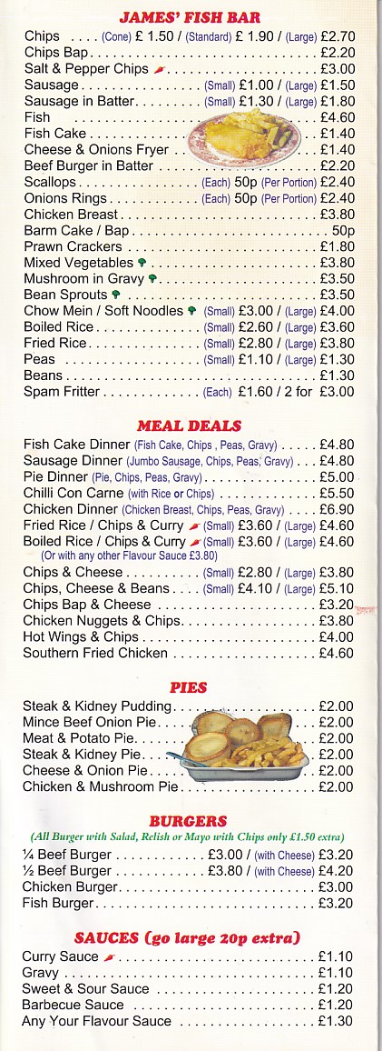 Menu of James' Fish Bar Colwyn Bay